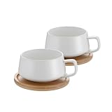 2er Set Cappuccino Tassen mit Unterteller, 300 ml Kaffeetassen, Espressotassen aus Steingut für Tee Kaffee Cappuccino, Kaffeebecher mit Holzscheibe, Weiß