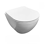 ADOB, verkürzte kurze spülrandlose wandhängende WC Keramik Toilette, platzsparend, mit passendem WC Sitz mit Absenkautomatik, 28022