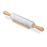 Relaxdays Nudelholz Marmor, Griffe aus Holz, Teigroller zum Kochen & Backen, mit Ablage, 48 cm, schwere Backrolle, weiß