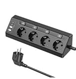 4 Fach Ecksteckdose Mehrfachsteckdose mit USB, Mehrfachsteckdose Steckerleiste mit 2 USB und 2 Type-C, 8 in 1 Überspannungsschutz mit 2M Kabel für Smartphones Tablets, Hause, Schwarz