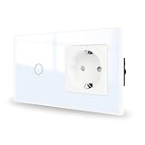 JIMEIDA Touch Lichtschalter mit Steckdose weiß Unterputz 1 Fach 1 Weg,Glas Panel und Status-LED Wandschalter,Kein Neutralleiter Erforderlich,157 * 86mm