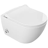 VIBA Wandhängende WC mit Bidetfunktion – hygienische - spülrandlose Toilette mit integrierter Kaltwasser Armatur Bidet WC Dusche, WC-Sitz Softclose Taharet WC