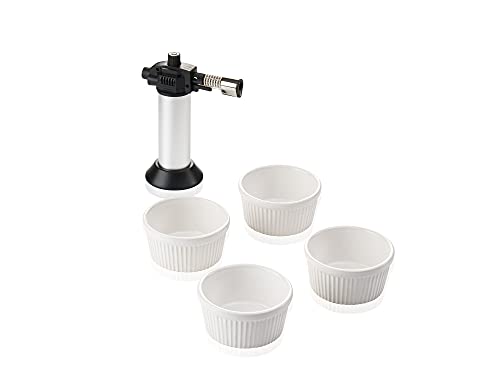 Leifheit Crème-Brûlée-Set, 4 hochwertige und feuerfeste weiße Keramikschälchen, spülmaschinengeeignet, inklusive Flambierer, einfach und sicher zu bedienender Gasbrenner, Geschenkset