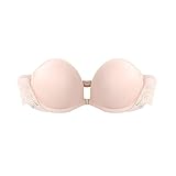 TOFBS Damen Trägerloser BH Bügel Bandeau BH mit Vorderer Schnalle Spitze Rückenfrei BH Push Up Rutschfester Unsichtbarer BH Gepolstert Nahtloser Bralette (Beige,S)