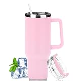 LOITTAINUE 40oz Thermobecher mit Strohhalm und Henkel, 1180ml Kaffeebecher To Go mit Deckel, Doppelwandiger Edelstahl Vakuum Isolierbecher Tragbare Autobecher für Kalte Heiße Getränke (Rosa)