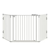 PawHut Hunde Absperrgitter Türschutzgitter Haustierschutzgitter verstellbar klappbar Kamingitter mit automatische schließenden Tür 3 Paneele für Ofen Wandmontage/Freistehend Weiß 202,5 x 76 cm