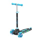 EVO Eclipse Leuchtender Tretroller mit 3 Rädern für Kinder im Alter von 3-12 Jahren | Verstellbarer Lenker Push Ride-On mit LED-Rädern | Faltbarer Roller für Jungen & Mädchen - Blau