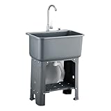 Freistehende, tragbare Küchenspüle, Waschwanne mit 360° verstellbarem Wasserhahn, Abfluss, Ablagefläche und abnehmbarer Abtropffläche, Entwässerung mit einem Klick, für Garage, Waschküche (grau, 60 x