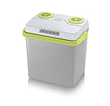 SEVERIN Elektrische Kühlbox (25 L) mit Kühl- und Warmhaltefunktion, Auto Kühlbox mit 3 Anschlüssen (USB, Netzteil & Zigarettenanzünder), Kühlbox grau/grün, TKB 2925