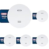 ABUS Flacher Rauchmelder RWM160 - mit 10-Jahres-Batterie - Q-Label und DIN EN 14604 geprüft - Blinken bei Nacht reduziert - Weiß (Packung mit 5)