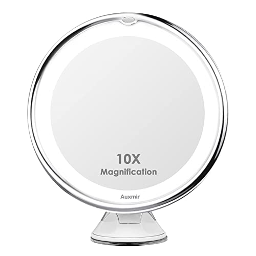 Auxmir Makeup Mirror with Lights 10X Magnifying Mirror with Suction Cup and 2 Brightness Levels, Light up Mirror 7.87' Practical for Home and Holidays, White