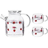 ZQDUFEA Wasserkaraffe Niedlicher Wasserkrug mit Erdbeermuster, 1600 ml Glaskrug-Set mit Tassen, Wassertopf, hitzebeständiger Borosilikatkrug, Eisteekrug Getränkespender