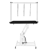 Hydraulischer Hundepflegetisch Höhenverstellbar Profi Trimmtisch | für Tiere bis zu 180kg | 106 x 61cm Gummioberfläche, 4 anpassbare Stallfüße & 3 Schlaufenleinen [Weißer Rahmen & Schwarzer Tisch]