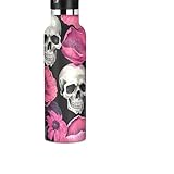 Trinkflasche für Kinder mit Strohhalm, Wasserflasche aus Edelstahl für Reisen oder Schule, 590 ml, BPA-frei, lustige Totenköpfe, rosa Blumen