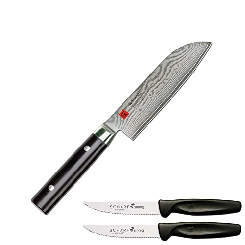 SCHARFsinnig Set - Kasumi Klassik Santoku Messer klein 84013 13 cm + 2 x SCHARFsinnig Steakmesser - Japanisches V-Schliff Damast Messer von Sumikama - Deutsche Sägeschliff Steakmesser