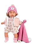 Llorens 1038572 Puppe Lola, mit grauen Augen und blonden Haaren, Babypuppe mit weichem Körper, inkl. Strickoutfit mit Mütze und rosa Kuscheldecke, 38 cm