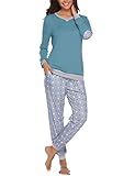 Irdcomps Schlafanzug Damen Lang Pyjama Baumwolle Winter Nachtwäsche Set V-Ausschnitt Blau M