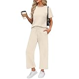 DHYUEN Hochzeitsgast Outfit Damen Y2k Locker Jogginganzug Outfit Für Hochzeitsgäste Damen Leichte Kurzarm Und Kurz Hose Tshirt Und Shorts Outdoor Zweiteiler Hosenanzug Sommeranzug（2-Beige，M）