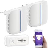 Somikon WLAN Türklingel: 2 WLAN-Steckdosen-Empfänger, kinetischer Klingelknopf, App, 100m, 80dB (Batterielose Funk Türklingel, Optische Klingel, Türklingelverstärker)