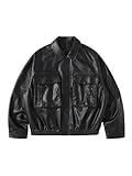 Herren-Motorradjacke für Frühling, Herbst, Vintage, Reißverschlusstaschen, PU-Leder, Schwarz , XL