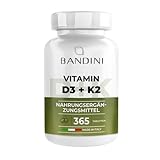 Bandini® Vitamin D3 K2 365 TABLETTEN (12 Monate) | Vitamin D 1000 IE + 200 mcg (µg) Vitamin K | D3+K2 für Knochen, Zähne, Muskeln, Gelenke & Immunsystem | Vit D3K2 99% All Trans MK7 (K2VITAL®)