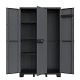 Kreher® Dreitüriger Aufbewahrungsschrank Gartenschrank Kellerschrank aus Kunststoff in Schiefer Optik. Mit höhenverstellbaren Böden und abschließbaren Türen in 2 Größen. (Schrank mit 3 Einlegeböden)