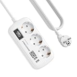 3 Fach Steckdose mit Überspannungsschutz Mehrfachsteckdose 4 USB(2 USB-C), Steckdose mit Schalter und 1,5m Kabel Steckdosenleiste Wandmontage für Heim Büro, weiß