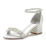 Damen Hochzeit Schuhe Sandalen Sommer Offener Zeh Blockabsatz Schuhe Brautschuhe,Elfenbein,39 EU