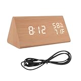 MUELODSIC Digitaler LED Wecker aus Holz mit Temperatur und Luftfeuchtigkeitsanzeige USB Betrieben Helligkeitsstufen Sound Aktivierte Anzeige für Schlafzimmer und Büro