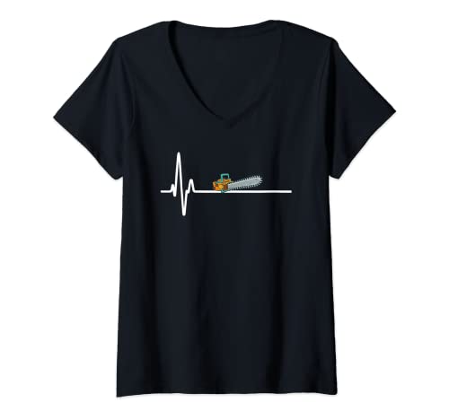 Damen Heartbeat EKG Kettensäge Motorsäge - Holzfäller Waldarbeiter T-Shirt mit V-Ausschnitt