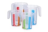 MiraHome Messbecher 4er Set bunt – 2 Messbecher mit 1L & 2 Messbecher mit 500ml – bruchsichere Kunststoff-Meßbecher für Küche – Skala für ml/L, Cups & Gramm für Zucker/Mehl – Austrian Quality