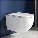 Rainsworth Hänge WC Spülrandlos Toilette - 360° Einloch Superspin Spülung Wand WC, Toilettenbecken Toilettenspülung Geräuscharm, Kloschüssel und WC Sitz mit Absenkautomatik, Weiß, 48.5cm lang