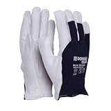 DONAU SAFETY Leder Arbeitshandschuhe mit Elastischem Handgelenk/Größe 9/L / 1 Paar/Weiß-Dunkelblau/MontageHandschuhe/Weich und Bequem Schutzhandschune aus Ziegenleder und Polyesterstoff