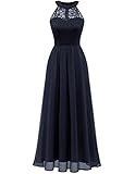 Wedtrend Damen Spitzenkleid Brautjungfer Kleid Lang Chiffon Abendkleid Party Cocktailkleid Neckholder Sommerkleid Marineblau WT0201 Navy M