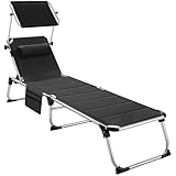 tectake® Sonnenliege mit Dach, Liege klappbar mit Kopfkissen + Seitentasche, zusammenklappbar, leicht tragbar, Strandliege, Liegestuhl klappbar für Garten, Sonnenliege Camping - schwarz