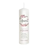 Liamoria® Taufkerze Mädchen mit Name und Datum mit Blumen in Rosa 25 cm - Modell Amelia - Personalisierte Kerze zur Taufe