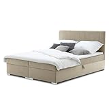 Mebligo Boxspringbett 160x200 mit Bettkasten und Kopfteil, Doppelbett mit Bonell-Matratze und Topper, Polsterbett, Boxspringbett Beige - ELMA Serie