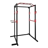 Ultrasport Power Rack Basic, fitness-rack aus Stahl gemacht, Kraftstation mit 4 J-Haken für Langhanteltraining, Klimmzugstange, Dip-Haltern, Ganzkörpertraining für Anfänger bis Fachmann, Schwarz/Rot