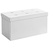 SONGMICS 76 cm Sitzbank mit Stauraum, Sitztruhe, Aufbewahrungsbox, Fußhocker, faltbar, gepolstert, Bezug aus Kunstleder, bis 300 kg belastbar, klassikweiß LSF106, Weiß