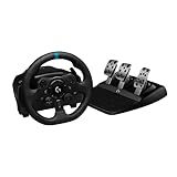 Einzeln Logitech G923 TRUEFORCE Gaming Rennlenkrad mit Pedalen, Kraftrückkopplung bis 1000 Hz, reaktionsschnelles Fahren, Doppelkupplungssystem, Echtleder Lenkrad, für PS5, PS4, PC, Mac - Schwarz