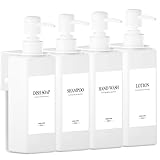 4er Seifenspender Wandbefestigung Set, 500ml Weiß Seifenspender Bad Ohne Bohren Kunststoff Dusche Spender mit Trichter und Wasserdichten Etiketten Shampoo Spender für Küche Bad