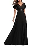 ECDAHICC Damen Abendkleider Gürtel V-Ausschnitt Hohe Taille A-Linie Chiffon Brautjungfernkleid Elegant Lang Ballkleid(BL,L)