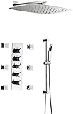 Duschsystem Wandmontierte thermostatische Duschschuhe mit Duschstangen Kupfer Duscharmatur 24 Zoll Oberseite Sprühschubtystem Spray 4 Modi Silber Haushalt schön praktisch