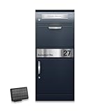 Metzler Briefkasten und Paketbox mit LED Beleuchtung rostfrei & massiv, paketbox draussen groß XXL, Standbriefkasten beleuchtet solar, Paketkasten in RAL7016 Anthrazitgrau mit Namensgravur, Bispo 2