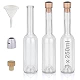 Geniess-Bar! Flaschen Set 3 x 250ml hochwertige Glasflaschen leer mit Korken, Schrumpfkapseln & 1 Trichter für Gin Whisky Schnaps Likör Essig Öl günstige Flaschen Schnapsflaschen