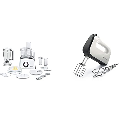 Bosch Kompakt-Küchenmaschine MCM4 Styline MCM4100, 35 Funktionen, Rührschüssel 1kg Teig, Mixer 1,25 L, 800 W, weiß & Philips Domestic Appliances HR3741/00 Handmixer, 450 W, weiß/schwarz