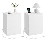 VASAGLE Kailyn Collection - Nachttisch mit Steckdosenleiste, 2er Set, Beistelltisch, 3 Schubladen, 2 AC-Steckdosen, 2 USB-A-Anschlüsse, modern, wolkenweiß LET831W14