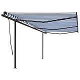 Qnhdfrt Gelenkarmmarkise Manuell Einziehbar mit Stahlpfosten 6x3,5 m Blau Weiß Anthrazit Rahmen UV-beständig für Terrasse Balkon Garten Sonnenschutz