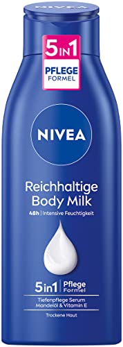NIVEA Reichhaltige Body Milk (400 ml), intensiv pflegende Körpercreme mit Mandelöl natürlichen Ursprungs, Lotion mit Tiefenpflege Serum und Vitamin E