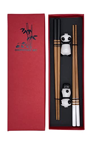 Sushi Essstäbchen Set Panda 2 Paar inklusive Keramik-Unterleger Premium Holz Nachhaltig Japanisch Chinesisch Koreanisch Taiwanesisch